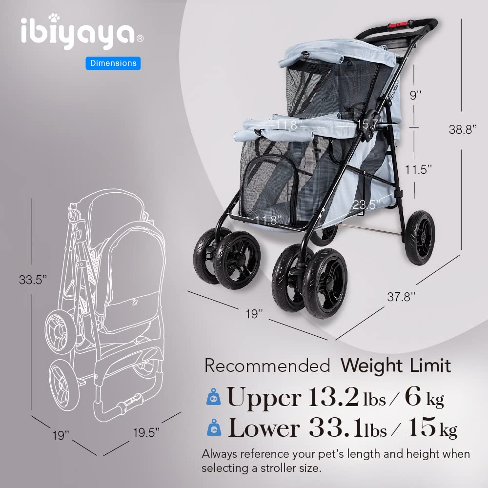 ibiyaya - Double Dog Stroller for Small Dogs and Medium Dogs and Cats - Double Pet Stroller, Lightweight and Foldable with Mesh Windows, Extra Space for Second Pet or Storage - Gray