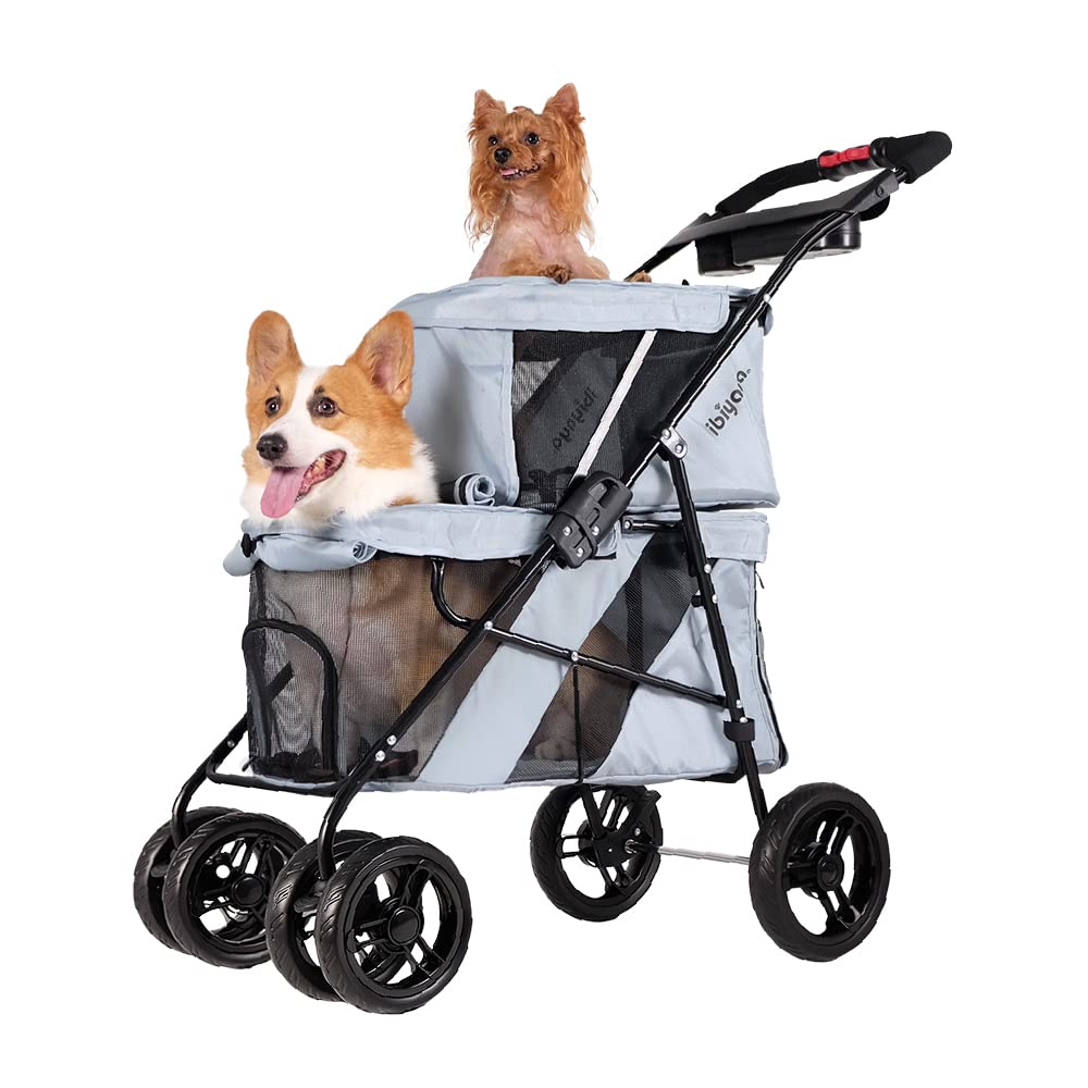 ibiyaya - Double Dog Stroller for Small Dogs and Medium Dogs and Cats - Double Pet Stroller, Lightweight and Foldable with Mesh Windows, Extra Space for Second Pet or Storage - Gray