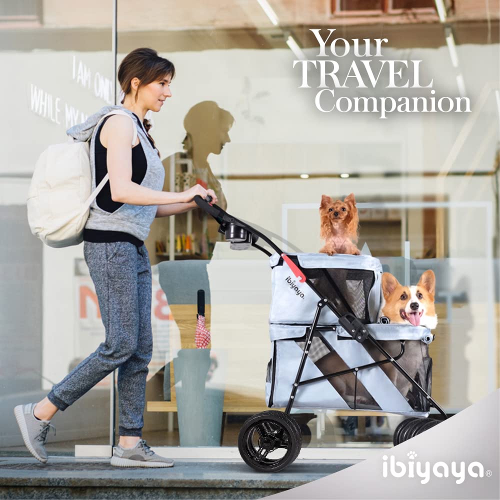 ibiyaya - Double Dog Stroller for Small Dogs and Medium Dogs and Cats - Double Pet Stroller, Lightweight and Foldable with Mesh Windows, Extra Space for Second Pet or Storage - Gray