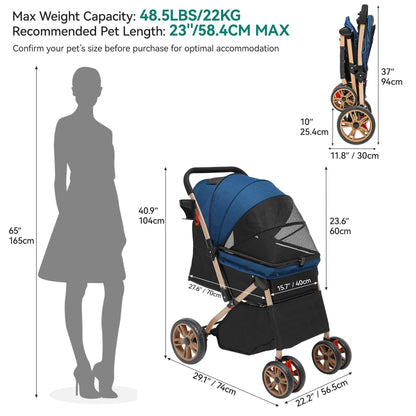 YITAHOME Pet Stroller, Foldable Cat Dog Stroller, 2 Directions of travel，Dog Pushchair, Dog Pram with Storage Basket Cup Holder Removable Hanging Bag, Dog Pram for Small Medium Dogs, Dog Buggy (Blue)