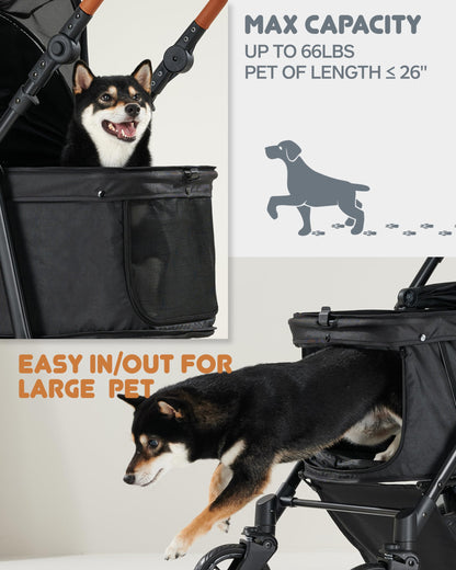 Medium Pet Stroller for Dogs Up to 66lbs, Adjustable Handle, 180 ̊ Canopy, 4 Wheels for Medium/Large Dogs and Cats, Waterproof Pad