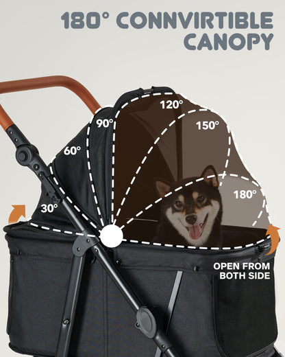 Medium Pet Stroller for Dogs Up to 66lbs, Adjustable Handle, 180 ̊ Canopy, 4 Wheels for Medium/Large Dogs and Cats, Waterproof Pad