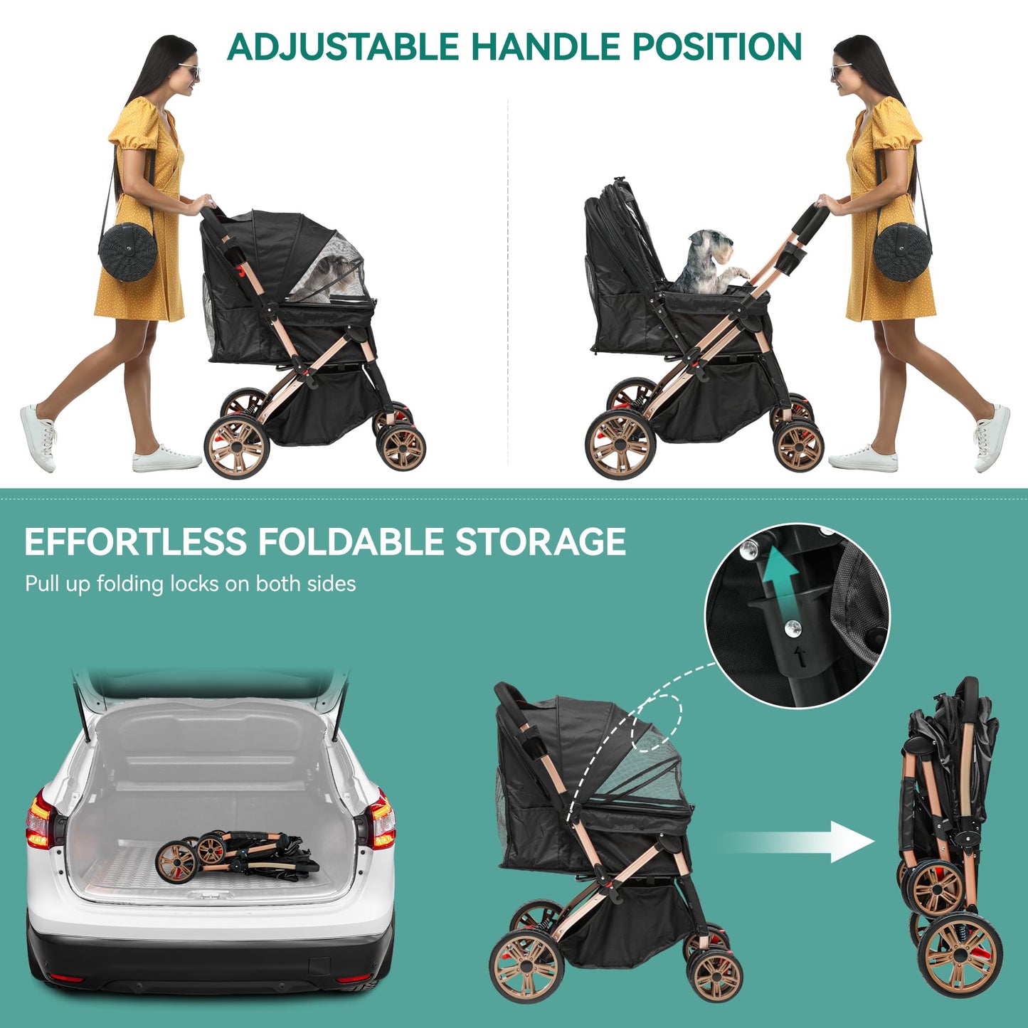 YITAHOME Pet Stroller, Foldable Cat Dog Stroller, 2 Directions of travel，Dog Pushchair, Dog Pram with Storage Basket Cup Holder Removable Hanging Bag, Dog Pram for Small Medium Dogs, Dog Buggy (Black)