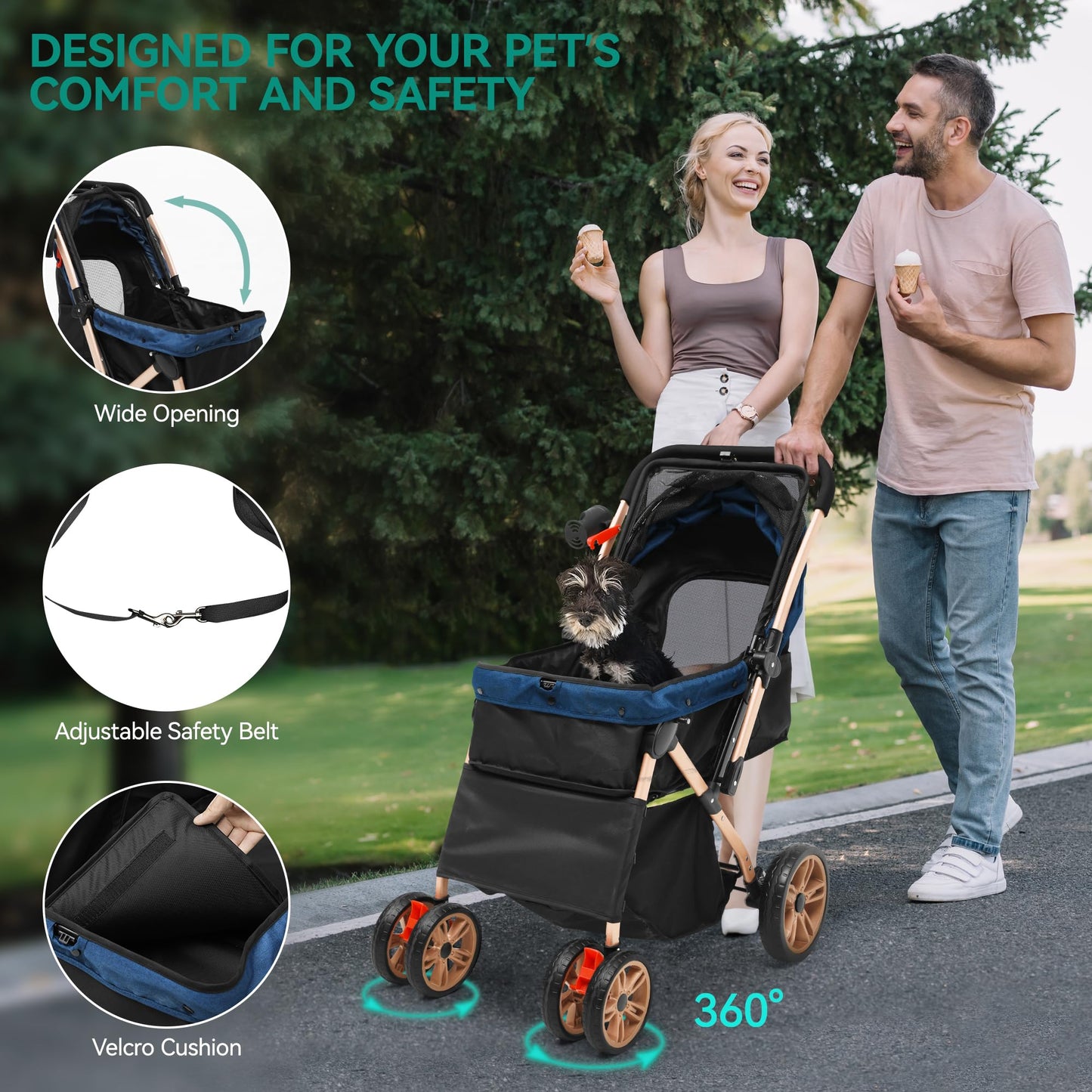 YITAHOME Pet Stroller, Foldable Cat Dog Stroller, 2 Directions of travel，Dog Pushchair, Dog Pram with Storage Basket Cup Holder Removable Hanging Bag, Dog Pram for Small Medium Dogs, Dog Buggy (Blue)