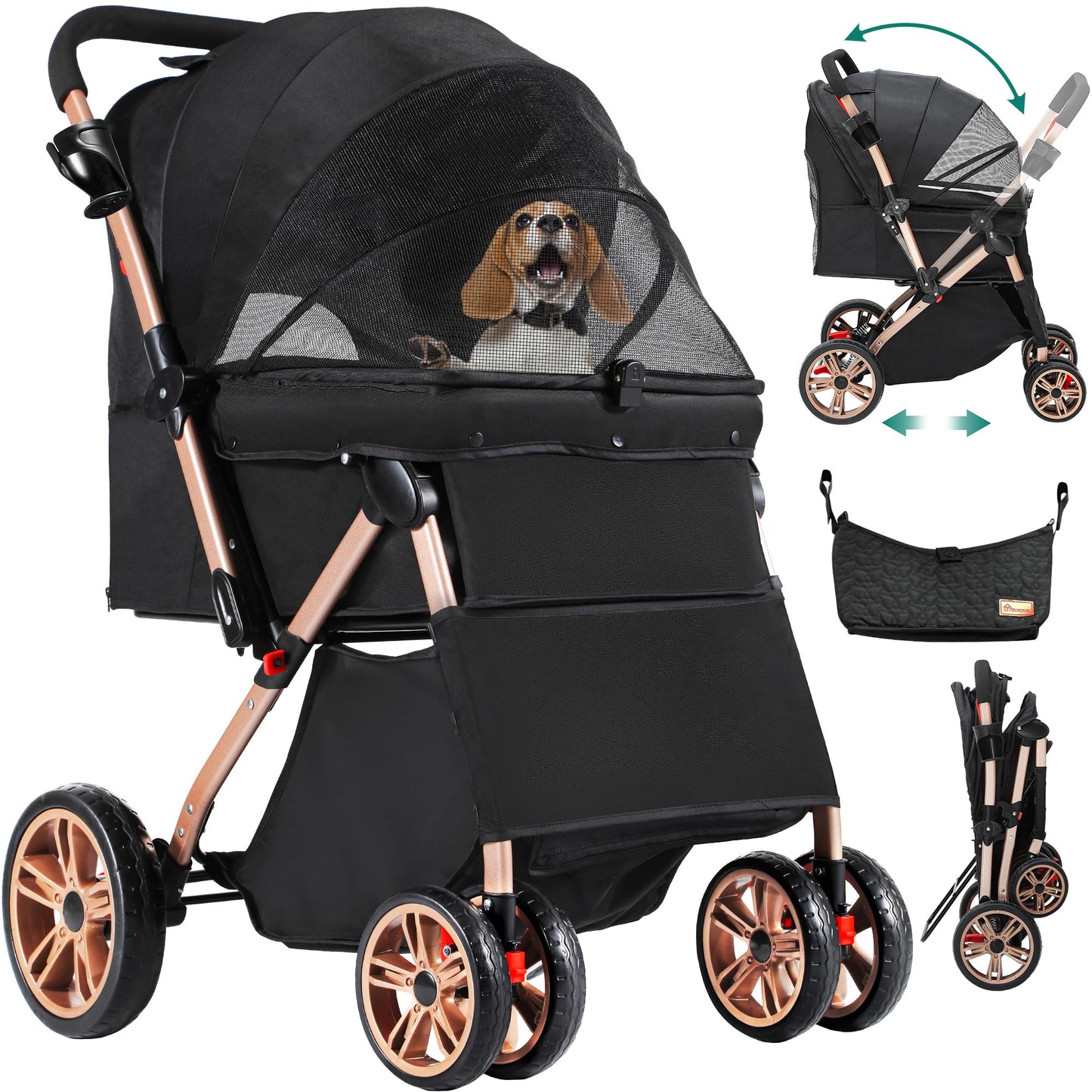 YITAHOME Pet Stroller, Foldable Cat Dog Stroller, 2 Directions of travel，Dog Pushchair, Dog Pram with Storage Basket Cup Holder Removable Hanging Bag, Dog Pram for Small Medium Dogs, Dog Buggy (Black)