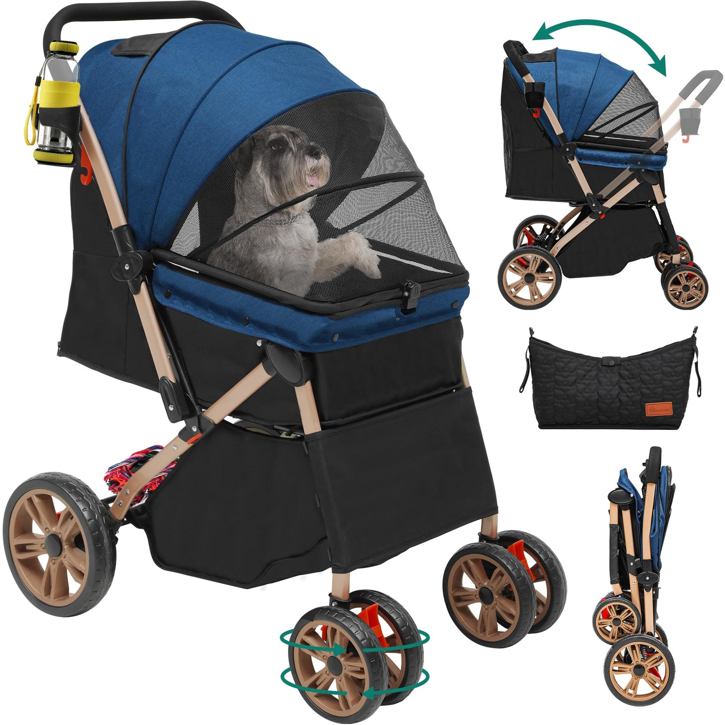 YITAHOME Pet Stroller, Foldable Cat Dog Stroller, 2 Directions of travel，Dog Pushchair, Dog Pram with Storage Basket Cup Holder Removable Hanging Bag, Dog Pram for Small Medium Dogs, Dog Buggy (Blue)