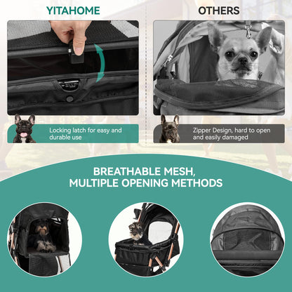 YITAHOME Pet Stroller, Foldable Cat Dog Stroller, 2 Directions of travel，Dog Pushchair, Dog Pram with Storage Basket Cup Holder Removable Hanging Bag, Dog Pram for Small Medium Dogs, Dog Buggy (Black)