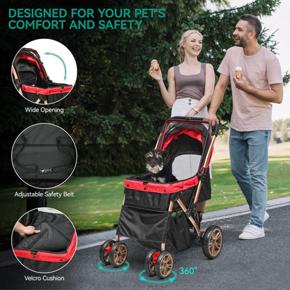 YITAHOME Pet Stroller, Foldable Cat Dog Stroller, 2 Directions of Travel，Dog Pushchair, Dog Pram with Storage Basket Cup Holder Removable Hanging Bag, Dog Pram for Small Medium Dogs, Dog Buggy (Red)