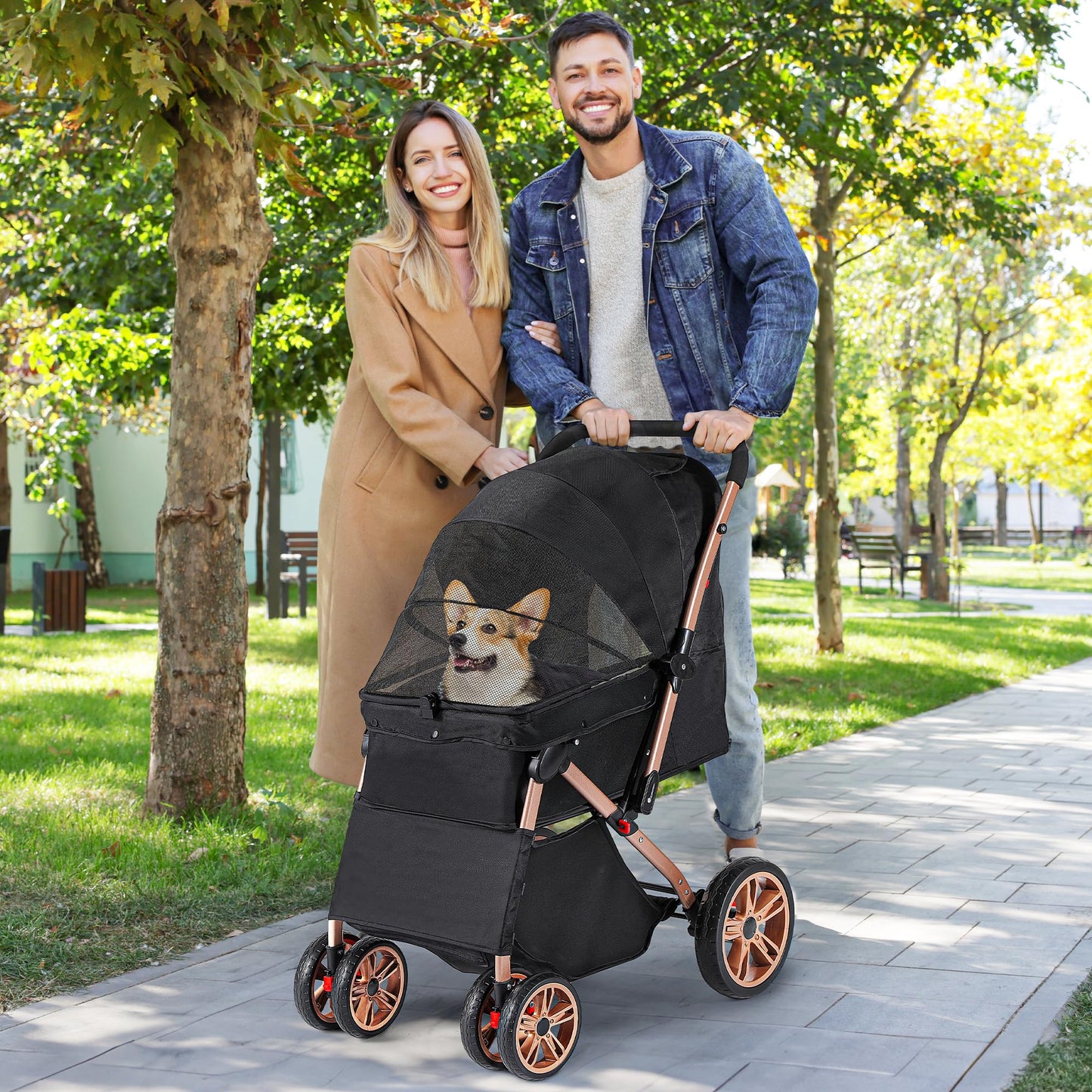 YITAHOME Pet Stroller, Foldable Cat Dog Stroller, 2 Directions of travel，Dog Pushchair, Dog Pram with Storage Basket Cup Holder Removable Hanging Bag, Dog Pram for Small Medium Dogs, Dog Buggy (Black)