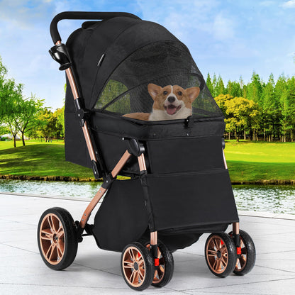 YITAHOME Pet Stroller, Foldable Cat Dog Stroller, 2 Directions of travel，Dog Pushchair, Dog Pram with Storage Basket Cup Holder Removable Hanging Bag, Dog Pram for Small Medium Dogs, Dog Buggy (Black)